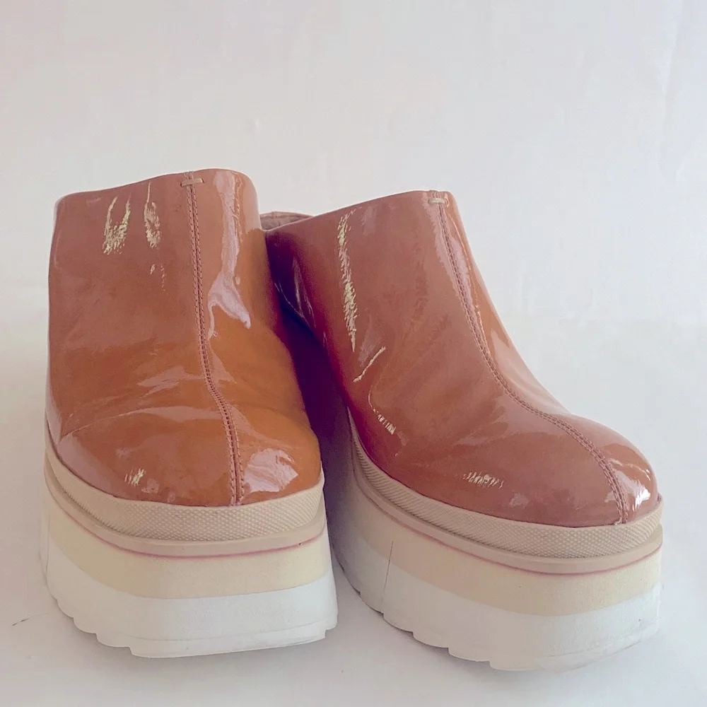 Naked Feet Patent Platform Mules in Cognac and Cream